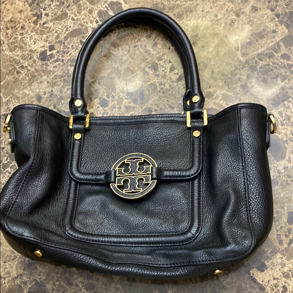 Tory Burch Black Leather Tote with Gold Accents